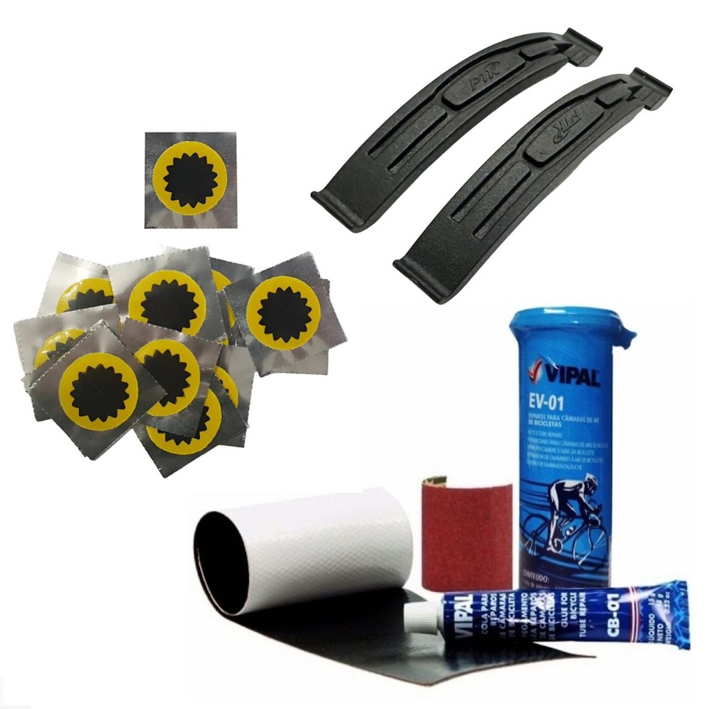 Kit 2 Espátulas Nylon Pneu Bike Para Desmontar Pneus + Kit Vipal Ev-01 + 20 Reparos Remendo