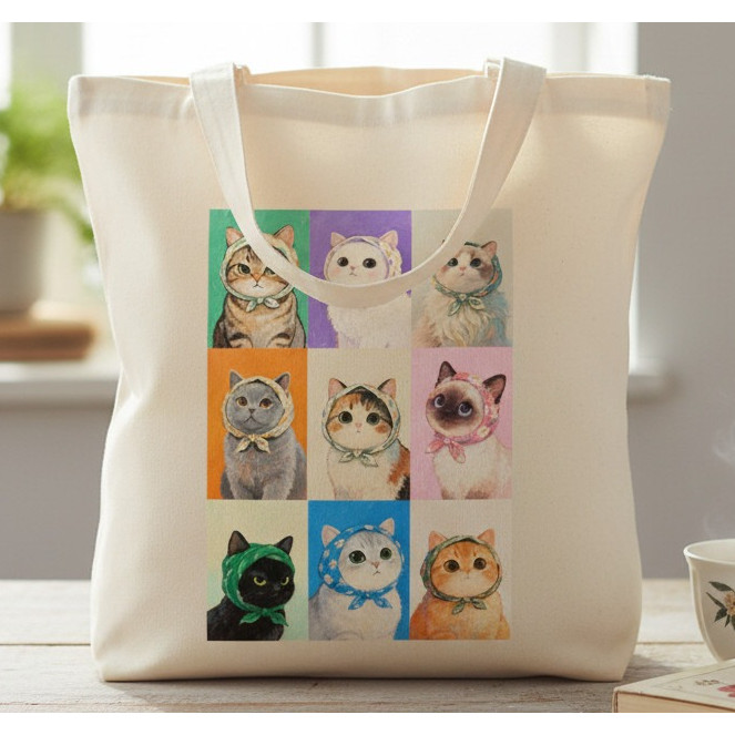 ECOBAG ESTAMPADA TEMA GATO LENÇO -100% algodão cru, 32X38, ALÇA REFORÇADA