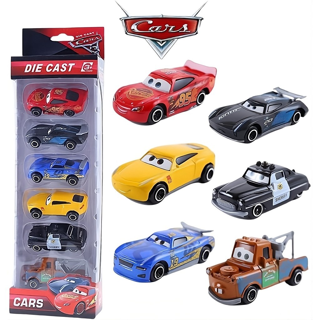 Kit 6 Carrinhos Cars Relâmpago McQueen Metal Diecast Miniatura Infantil Pixar Colecionável Brinquedo Disney Carros