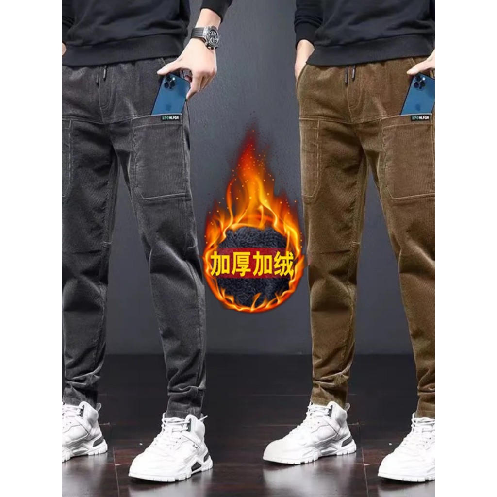 Primavera outono calças magras masculinas negócios calças casuais mais velo veludo Multi-bolso calças macacão masculino