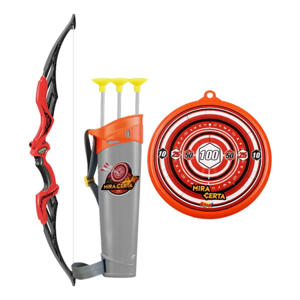 Arco e Flecha Infantil Super Mira Vermelho Brinquedo Tiro ao Alvo Com Flechas
