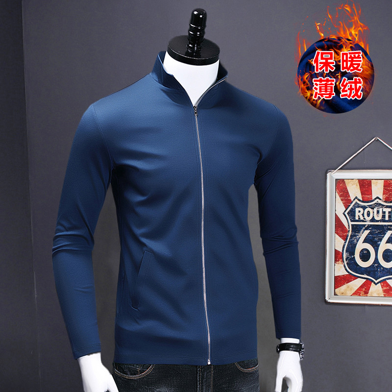 Camisa masculina de meia gola alta, forro de lã de manga comprida, gola alta espessada, cardigã com zíper, roupas de out