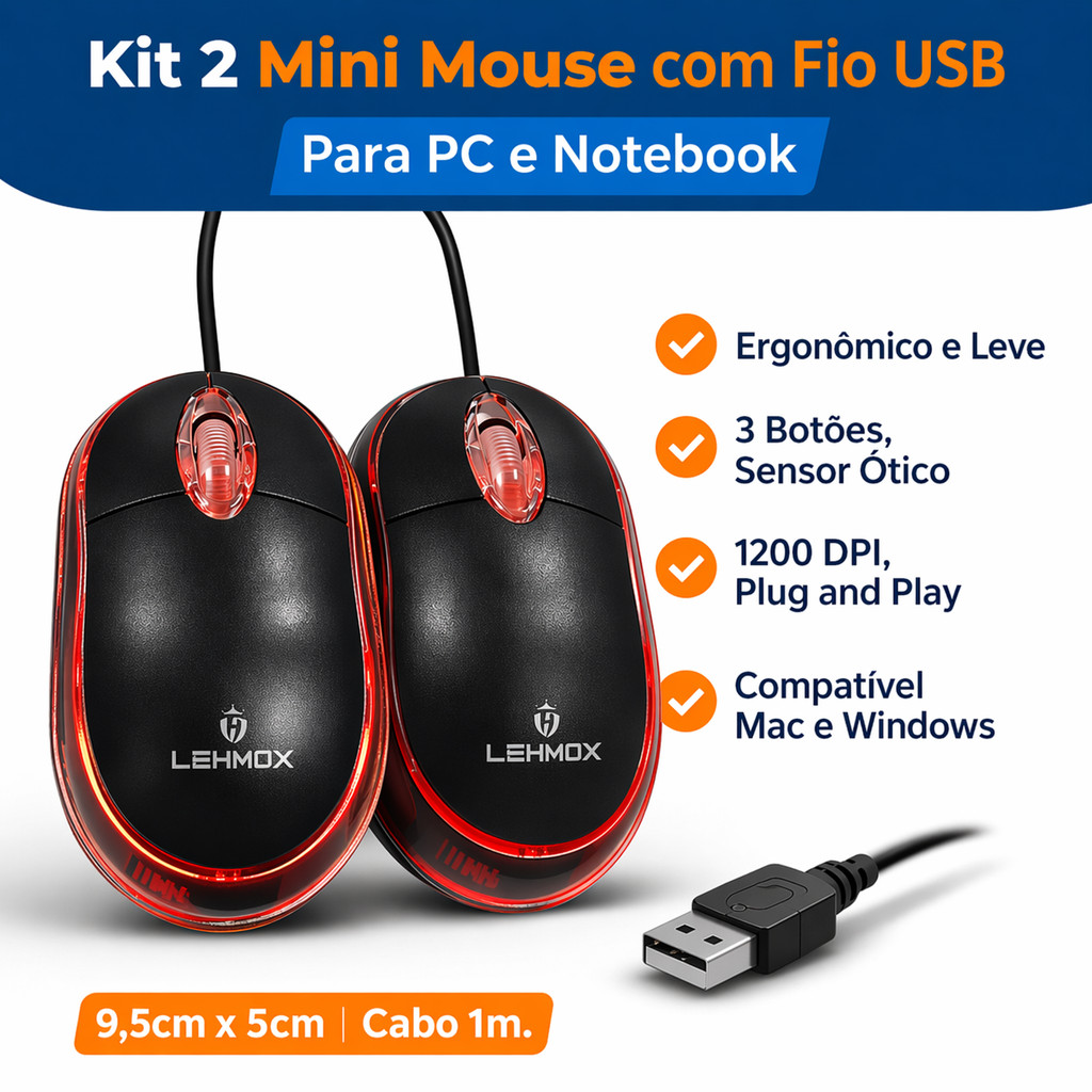 Kit 2 Mouse Com Fio Usb Mini Para Notebook Computador Ergonômico