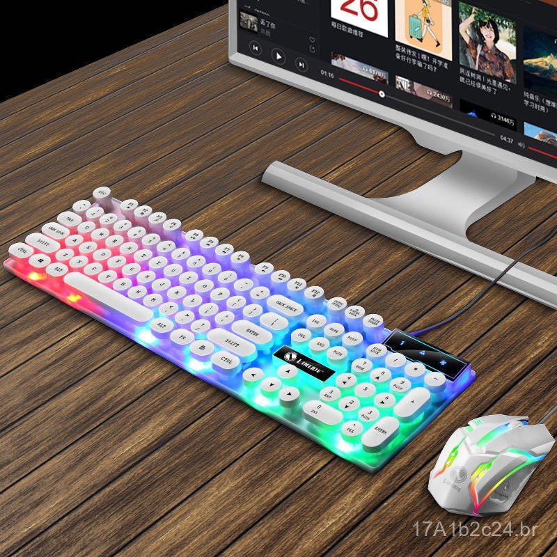 Teclado e Mouse Gamer Iluminados com Fio Limei GTX300 Punk Round Keycap, Sensação Mecânica, Conjunto de Teclado e Mouse,