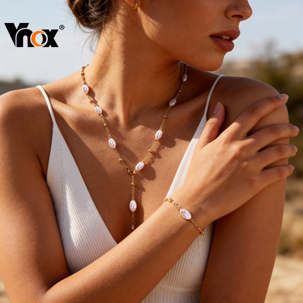 Colar Com Corrente De Pérolas Douradas Vnox , Joias Elegantes E Longas Em Forma De Y Para Mulheres