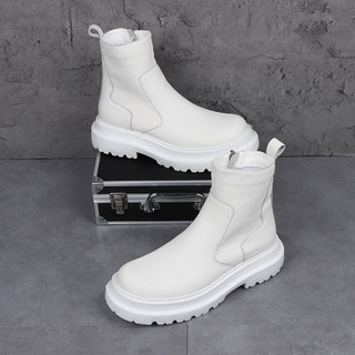 Botas Martin brancas masculinas, botas curtas de couro genuíno de alta qualidade, estilo britânico, aumento interno, zíp