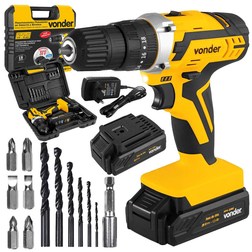 Parafusadeira e Furadeira de Impacto Reversível PFV 238I Vonder com 2 Bateria 20v e Maleta Broca