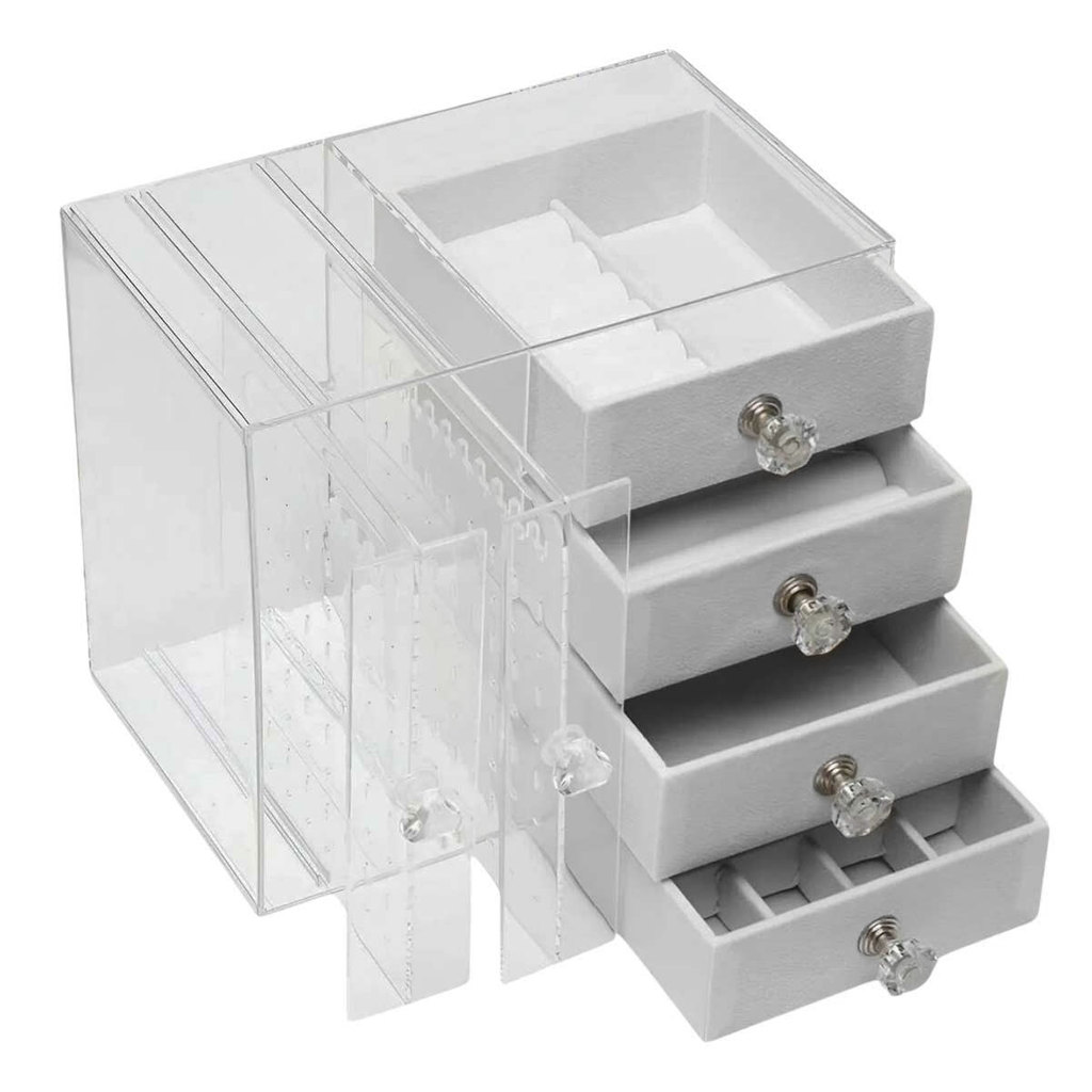 Caixa Porta Joia Acrilico 4 Gaveta Expositor Organizador Bijuteria Anel Brinco Pulseira Colar Suporte Luxo Mesa