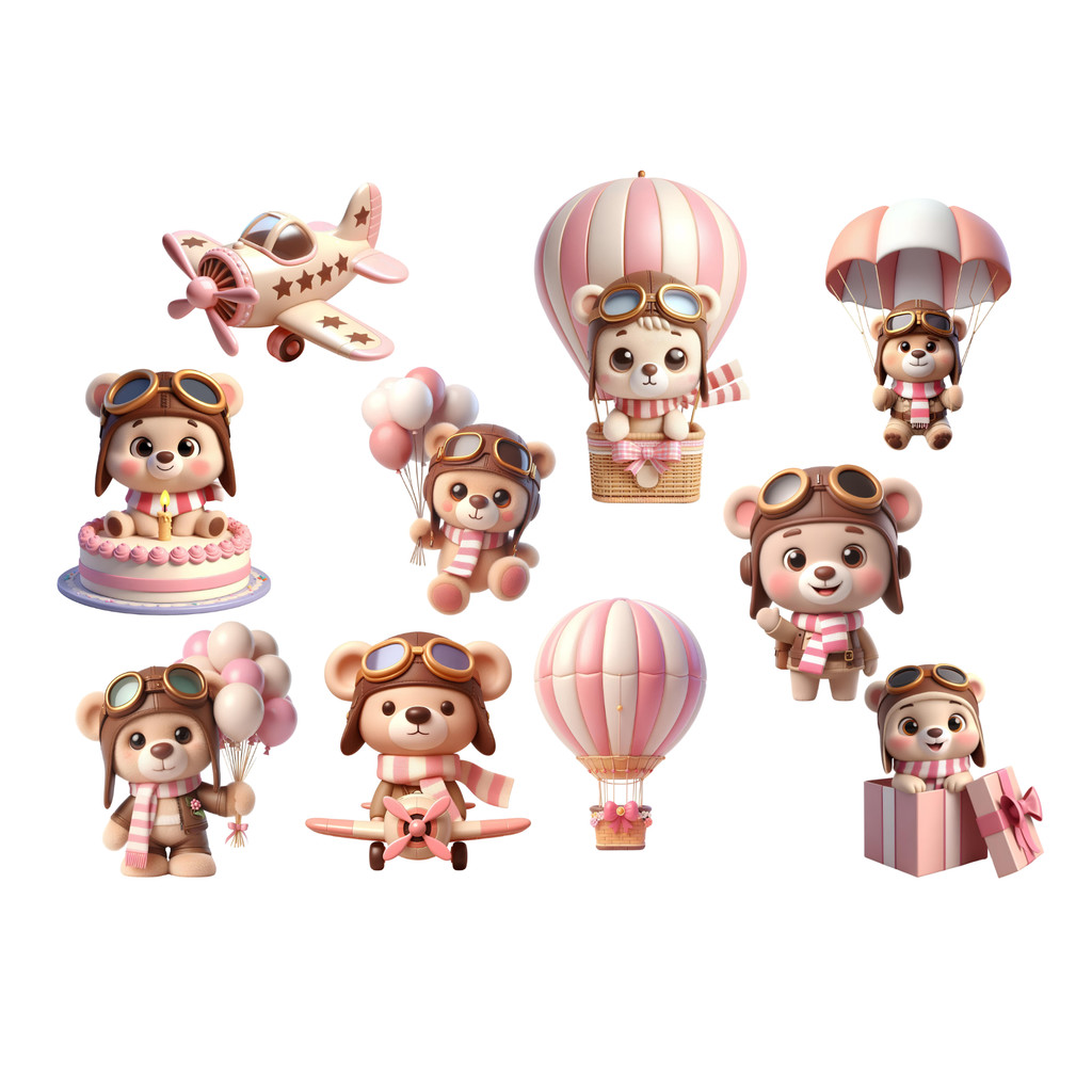 100 adesivos Apliques Ursinha rosa ursa Baloeira balão Toppers Tags Tubetes Docinhos Festa Enfeites para Aniversário