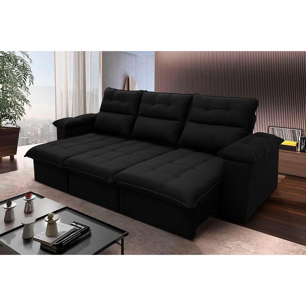 Sofá Retrátil/Reclinável Verona 2,30m Suede Velut Preto c/ Molas no Assento - King House