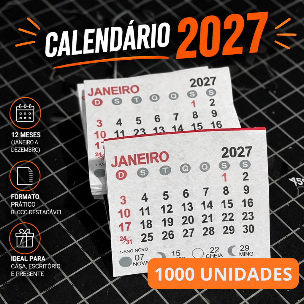 Bloco de Calendário 2027 | 1000 Unidades | Pequeno de Mesa | Folhinha Mensal Compacto Prático Empresa Brinde