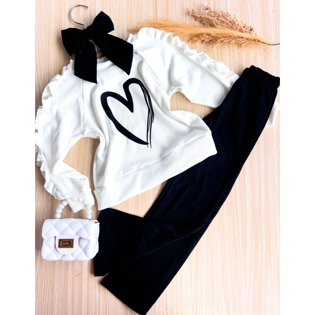 Conjunto Infantil Inverno Coração Blogueirinha Blusa Moletom + Calça Preta Legging Luxo Menina