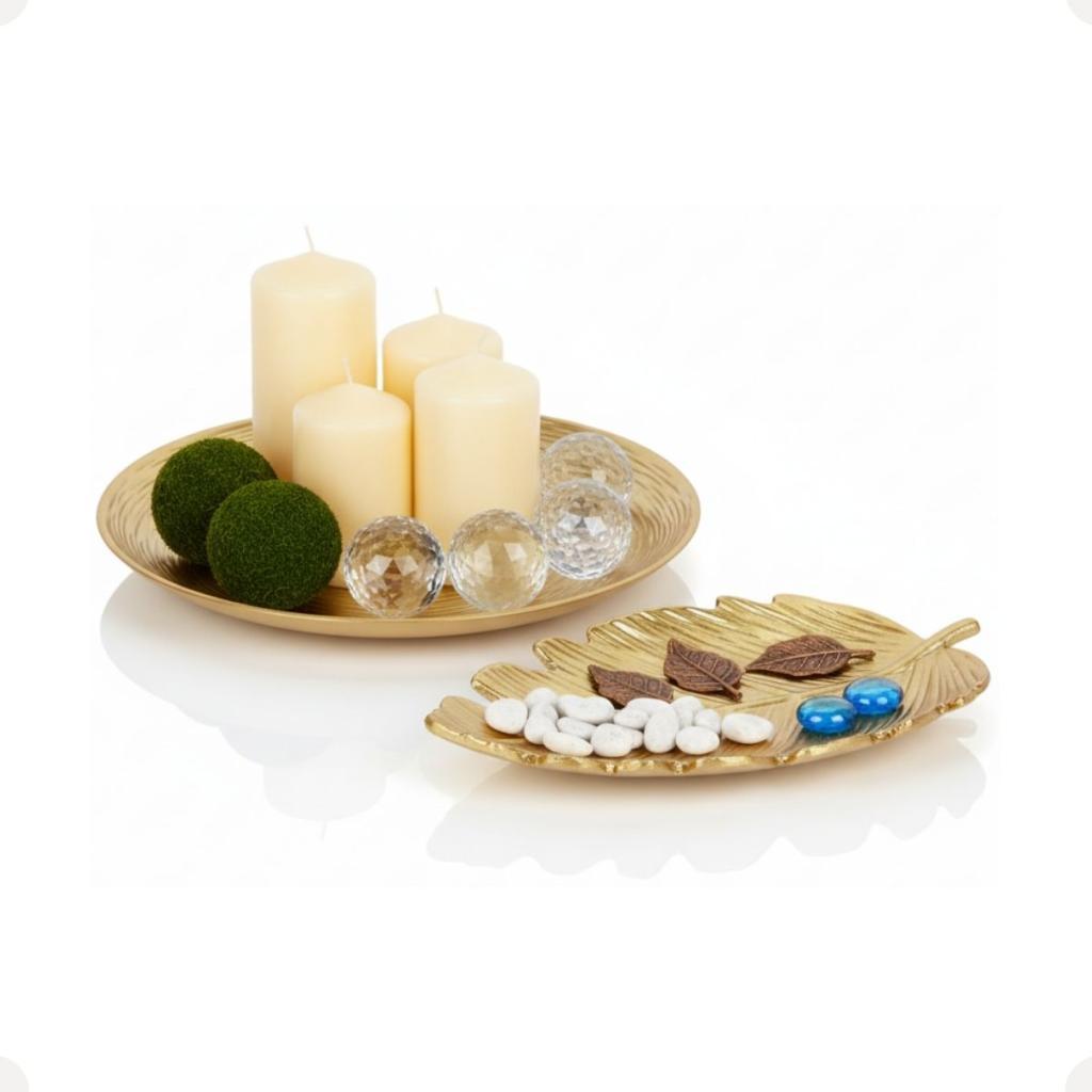 Kit Zein Decorativo Centro De Mesa Redondo 30cm + Folha Curva 24,5cm Dourado Peças Elegantes Luxo