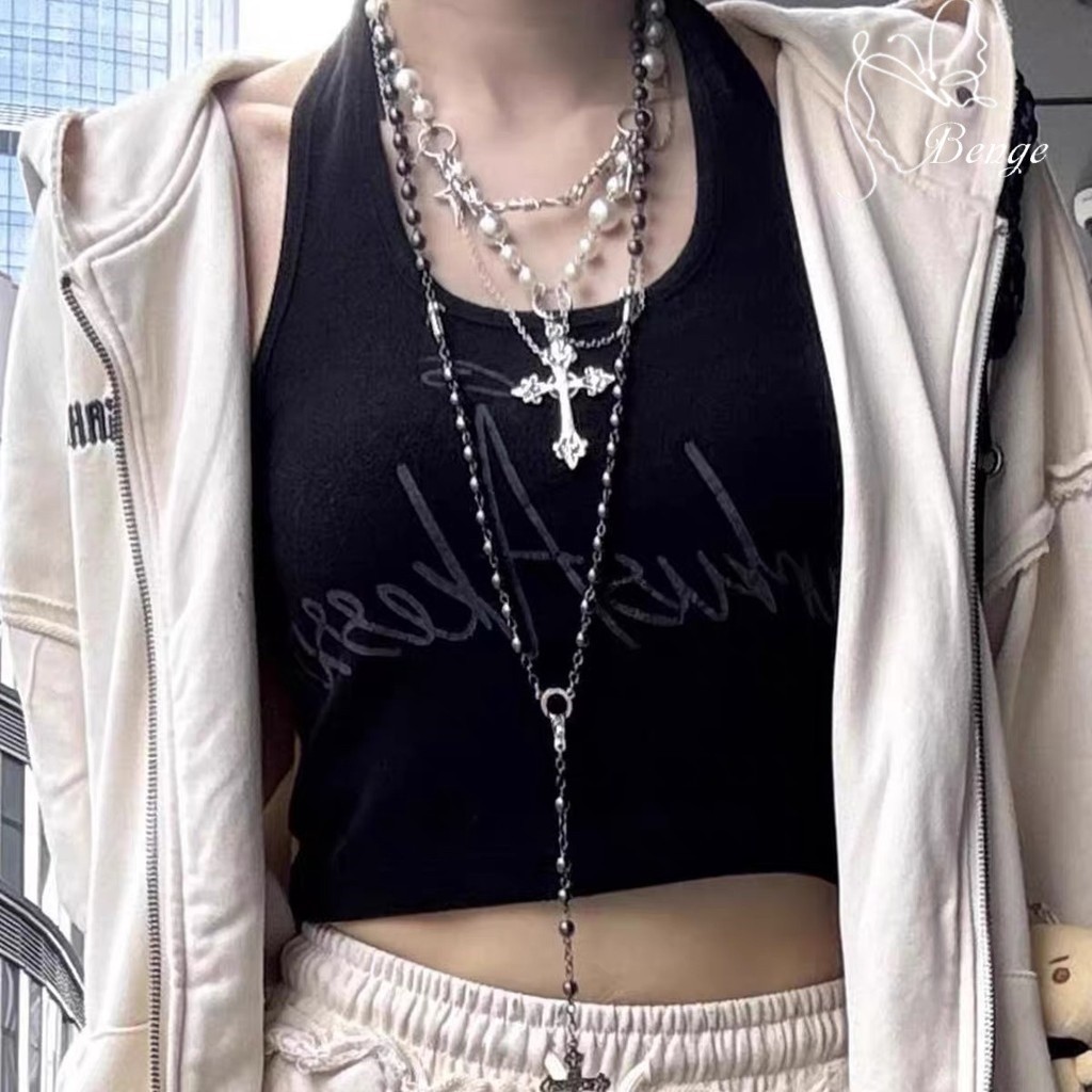 Benge Gótico Em Camadas Cruz Pérola Borla Colar Robusto Edgy Y2K Declaração Estética Negrito Festa Jóias Presente Para M em Oferta na Shopee