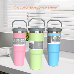 Garrafa Térmica 900ML Com Alça Flip Tumbl Aço Inoxidável Isolamento Térmico Com Canudo P/ Academia Trabalho Caminhada