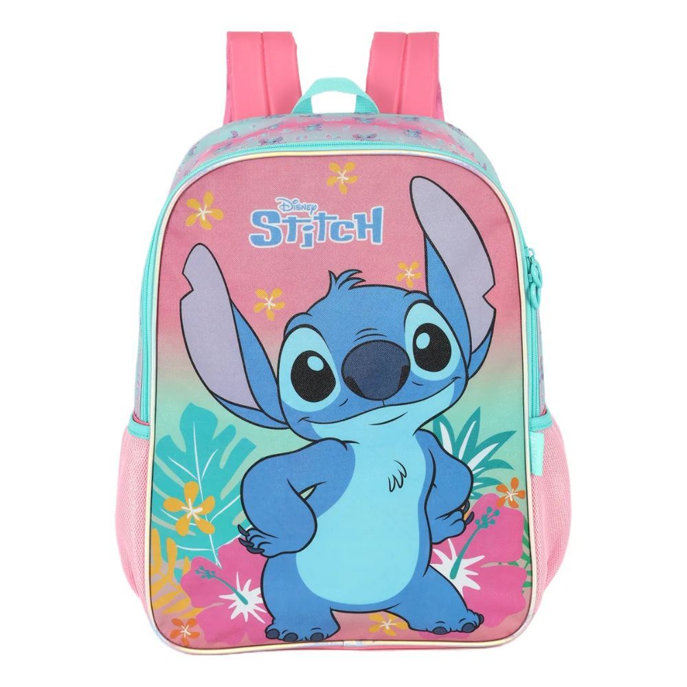 Mochila Escolar Infantil Stitch Com Bolsos Laterais