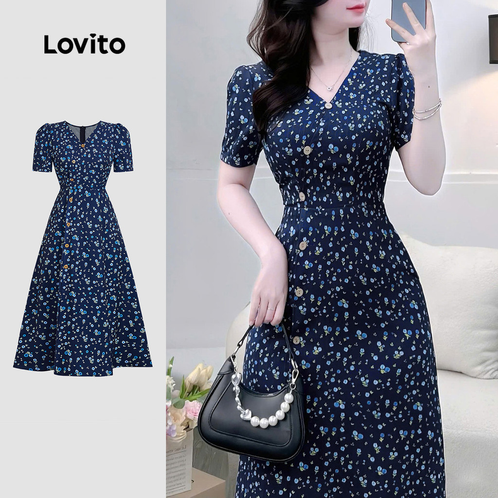 Lovito Vestido Casual Primavera/verão Azul Marinho para Mulheres L165ED1012 em Oferta na Shopee