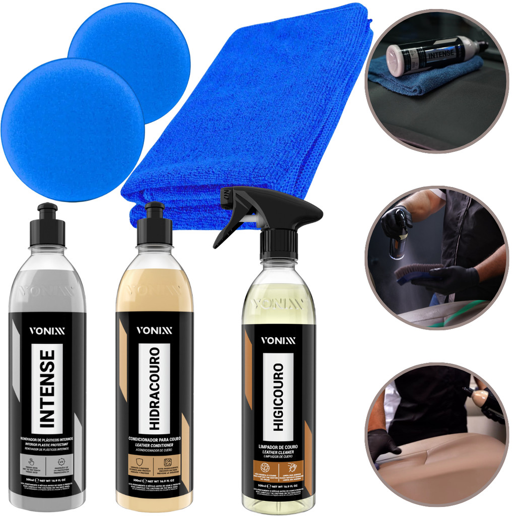 Kit Completo Limpeza Interna Vonixx Couro e Plásticos Internos com Intense Higicouro + Hidracouro