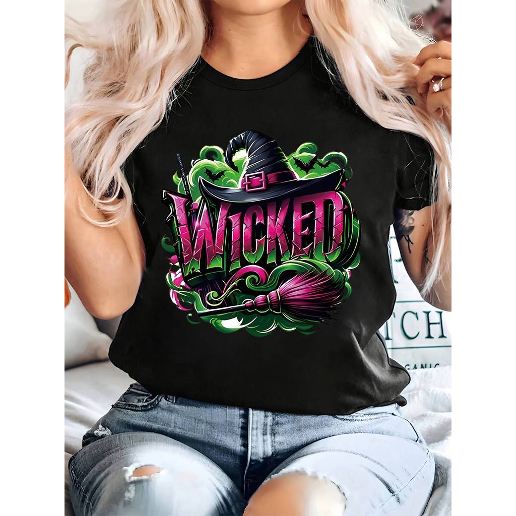 Camiseta WICKED Halloween Estampado Oversized Plus Size Confortável Divertida Estilosa Primavera Verão