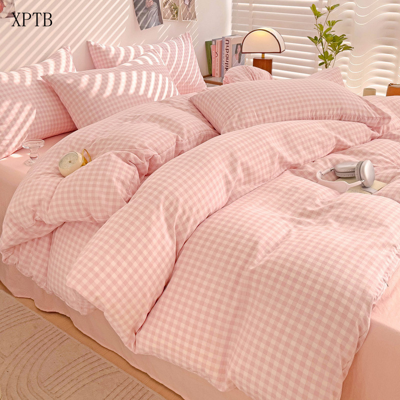 1pc Capa de Edredom de Algodão Lavado Xadrez Apenas Grade Pequena Macia e Amigável à Pele Tamanho Solteiro/Queen/King XH