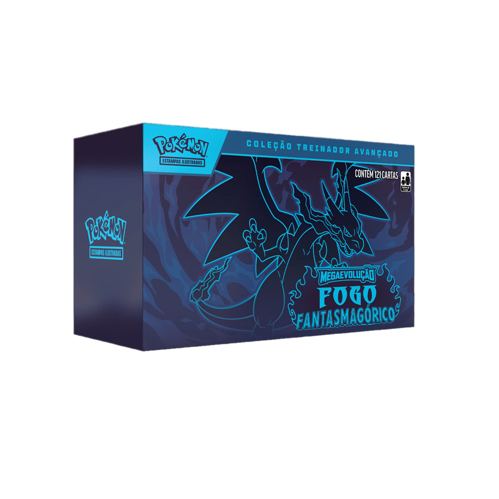 Box Pokémon Megaevolução Fogo Fantasmagórico Coleção Treinador Avançado 121 Cartas Copag