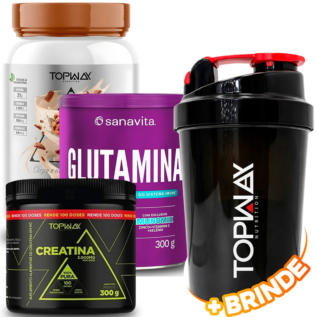 TopWay Whey Protein 100% 900g Cookies + Sanavita Glutamina em Pó 300g + Creatina em Pó 300g