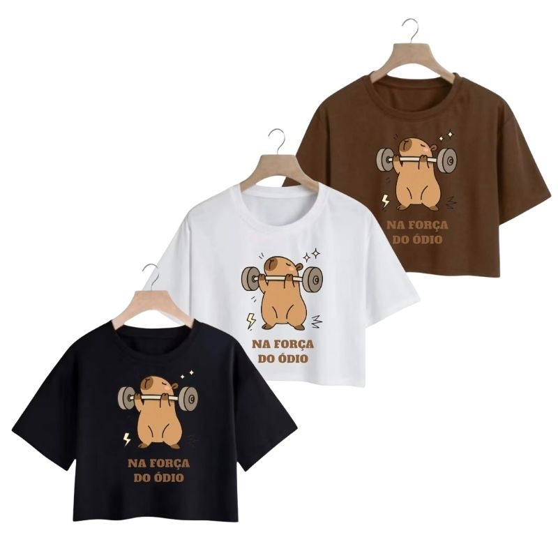 Kit 3 Cropped Feminino Moda Academia Capivara Algodão Confortável Manga Curta