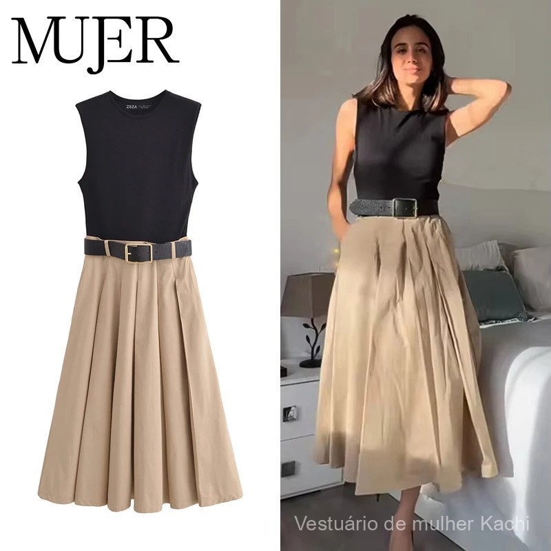 Vestidos femininos Muyer 2025, vestido midi com cinto plissado, vestido de verão sem mangas para mulheres, vestidos de f