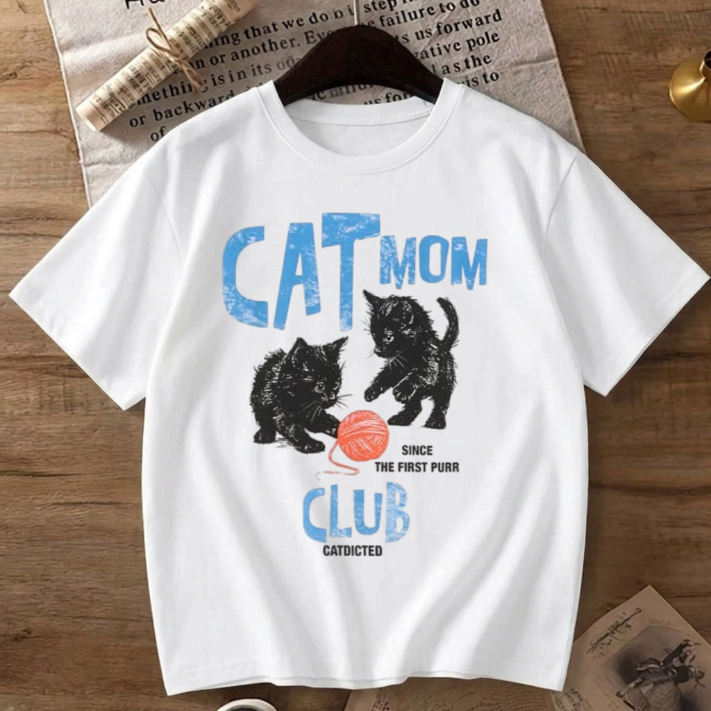 Camiseta Regular CatMon Club Fan de Gatinhos Preto Brincalhões No Estilo Retrô Blue Para Estilo 2YK