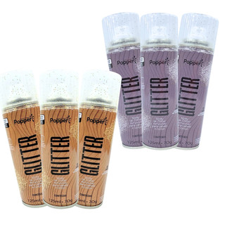 Kit 6 Spray Glitter 125ml Popper 3 Prata 3 Dourado Cabelo Corpo Roupa Prateado Ouro Pequeno Bolsa Festas Carnaval