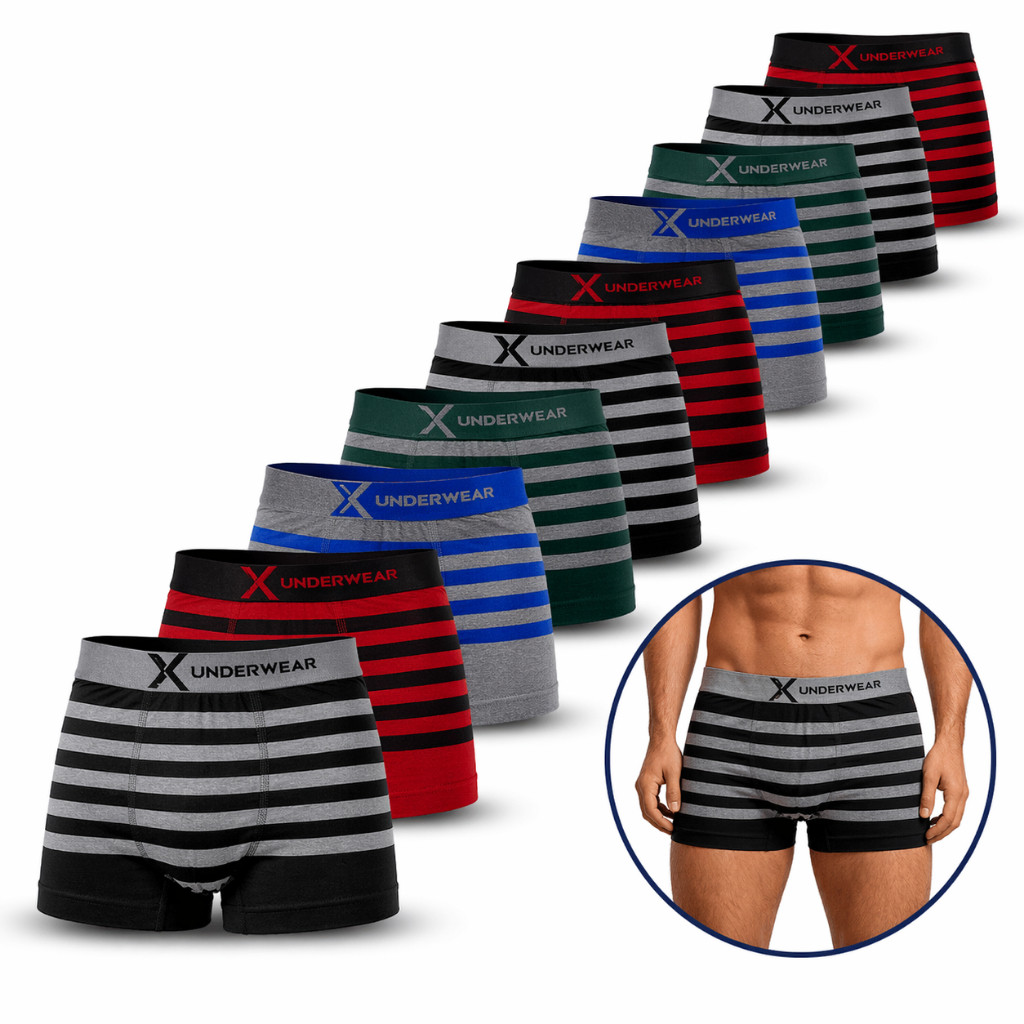 Kit com 10 Cueca Boxer Listradas Microfibra Ultra Confortável Masculina Adulto Diversas Cores