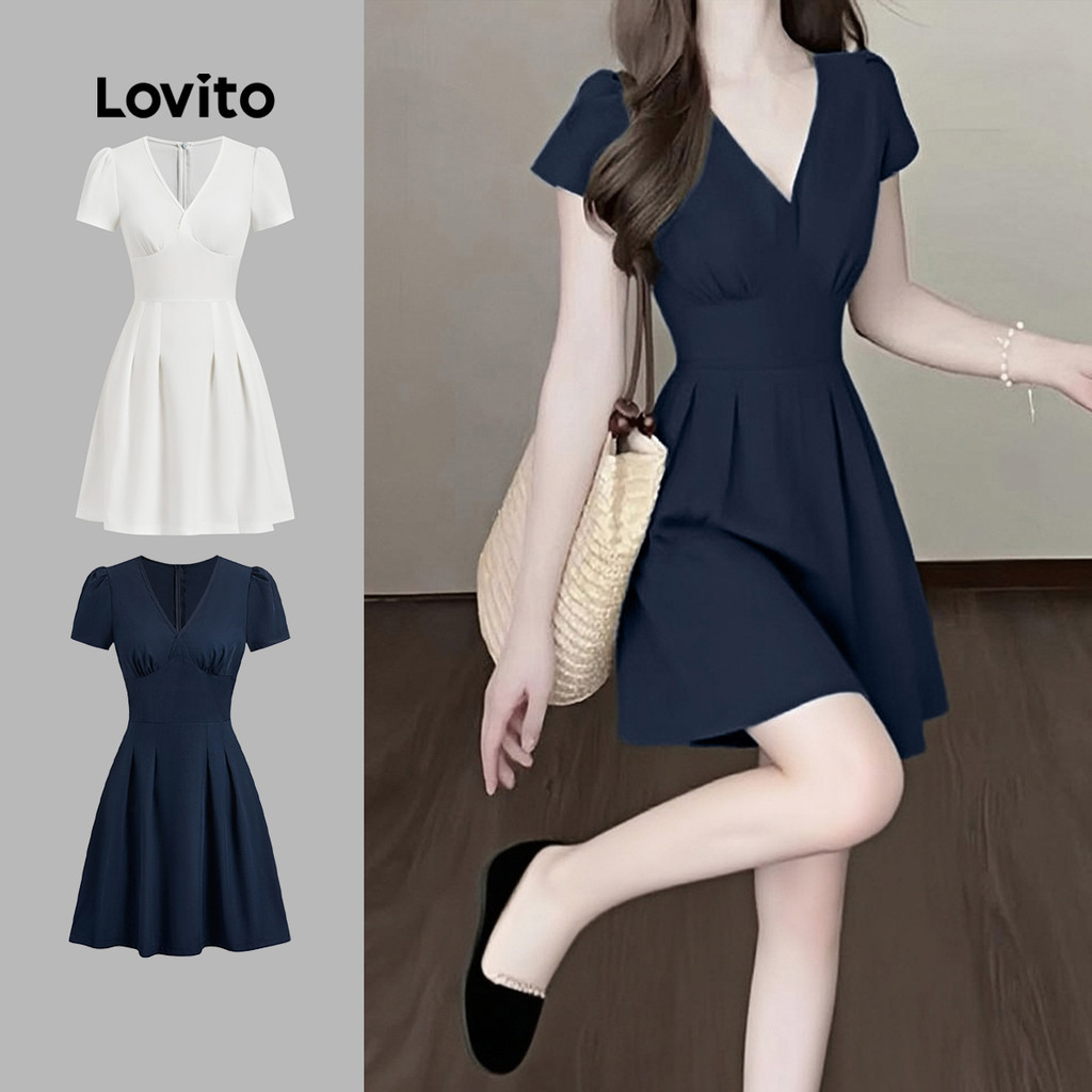 Lovito Elegante Vestido de Lazer Simples para Primavera/verão Vestido Azul-marinho para mulheres L151AD454