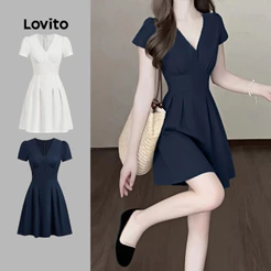 Lovito Elegante Vestido de Lazer Simples para Primavera/verão Vestido Azul-marinho para mulheres L151AD454