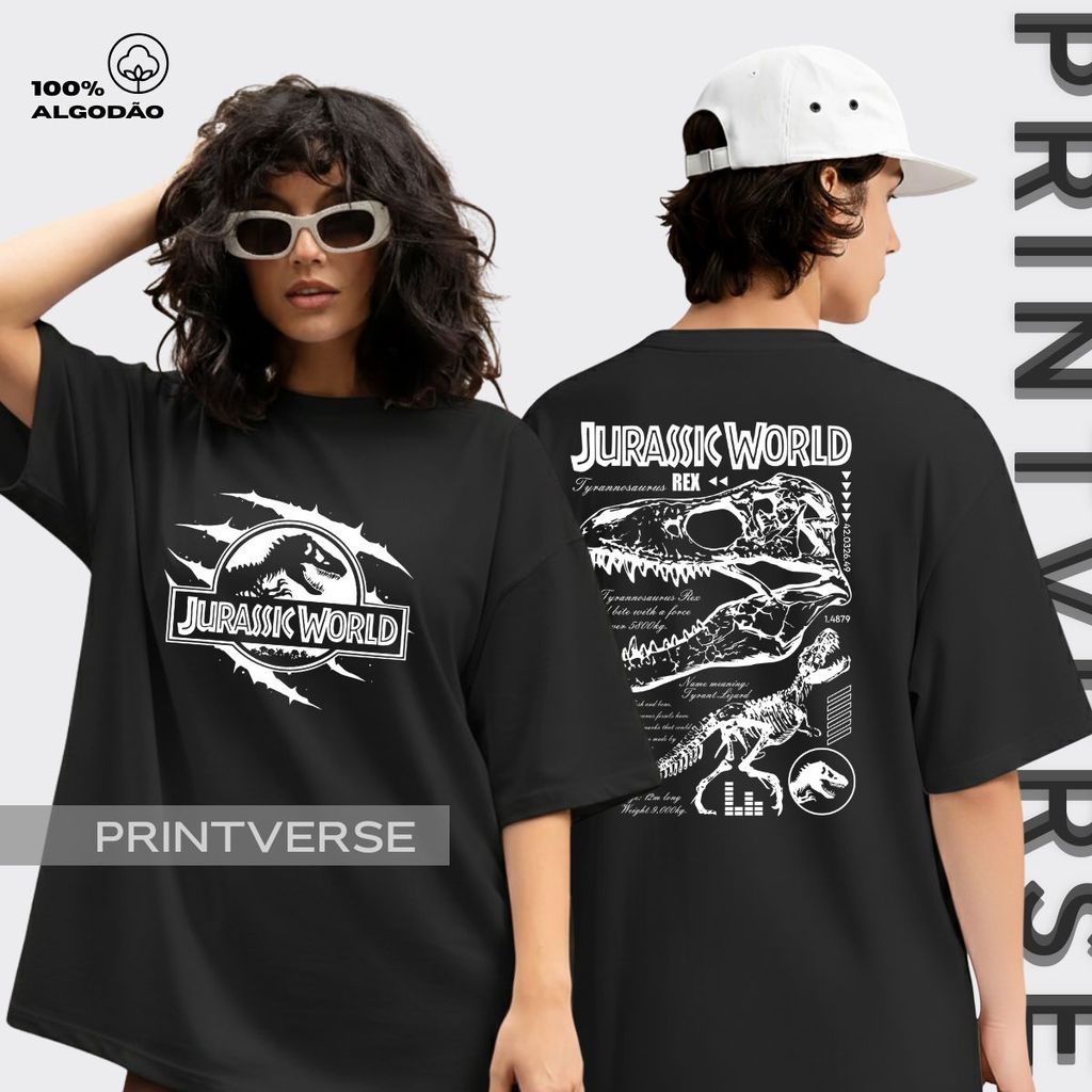 Camiseta Dinossauro Filme Ação Jurássico Logo Esqueleto Fóssil T-Rex Raptor Blusa Algodão