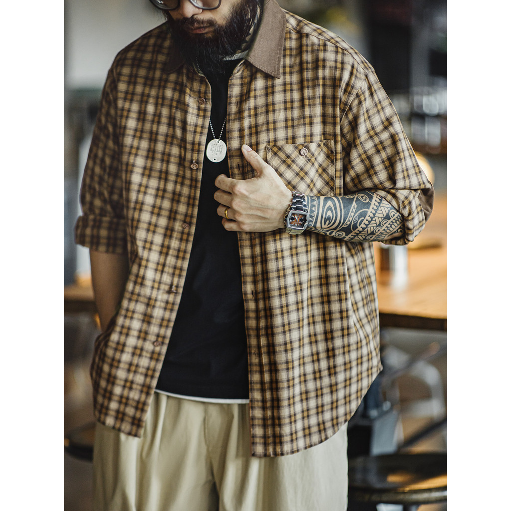Moderno ferramentas americano Retro escocês xadrez camisa de manga comprida veludo costura lapela camisa xadrez masculin