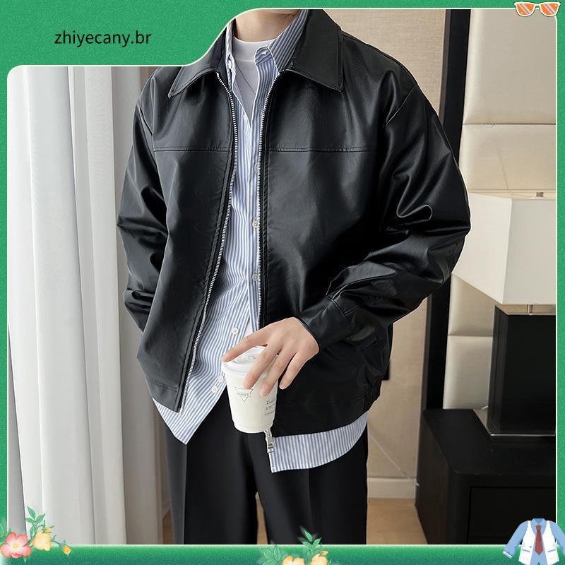 Jaqueta de couro pu americana masculina, roupa de rua, lapela curta, Casual, primavera, outono, zíper duplo, jaqueta de