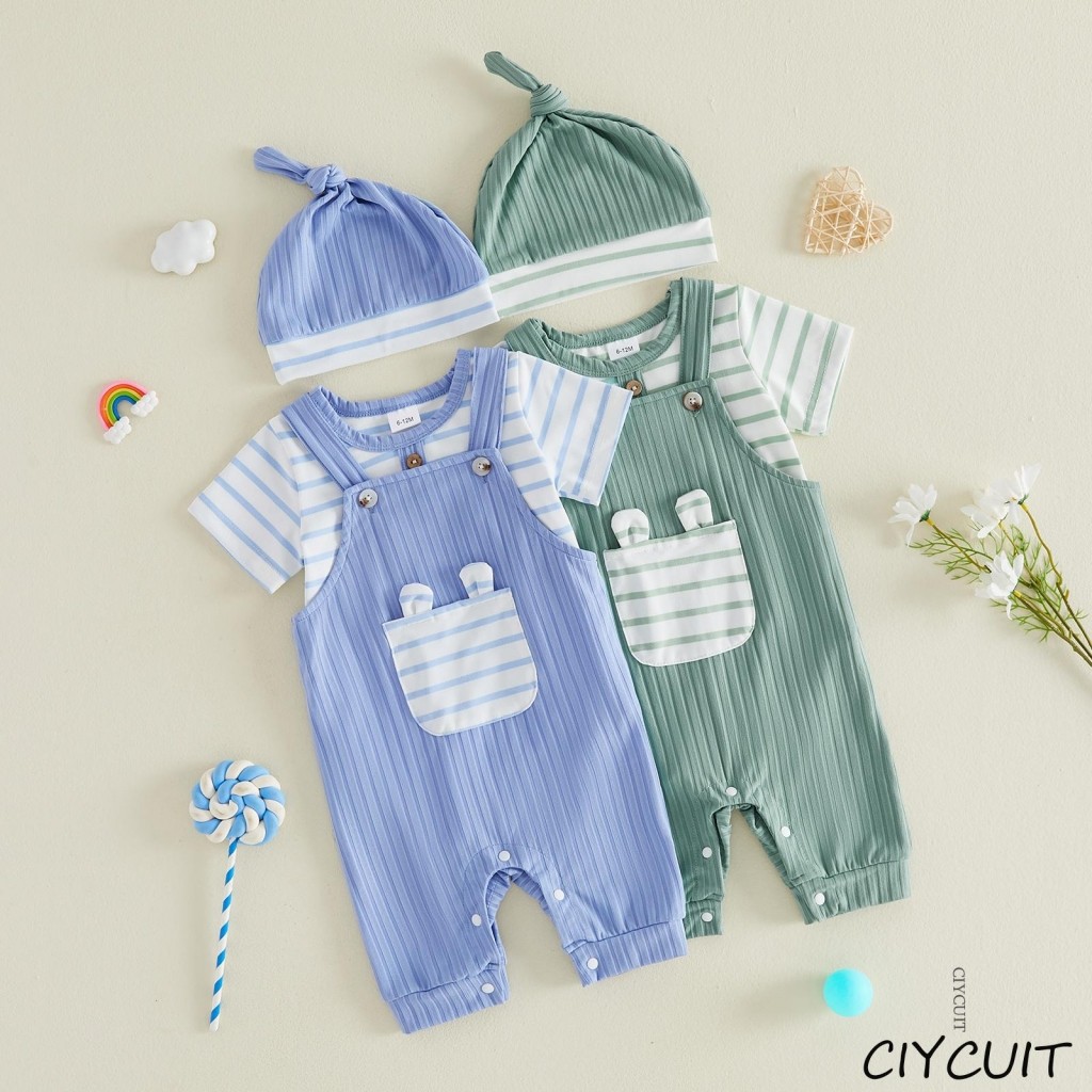 [CIYCUIT] Conjunto De Macacão Listrado De Manga Curta Para Bebê Menino E Gorro Fofo