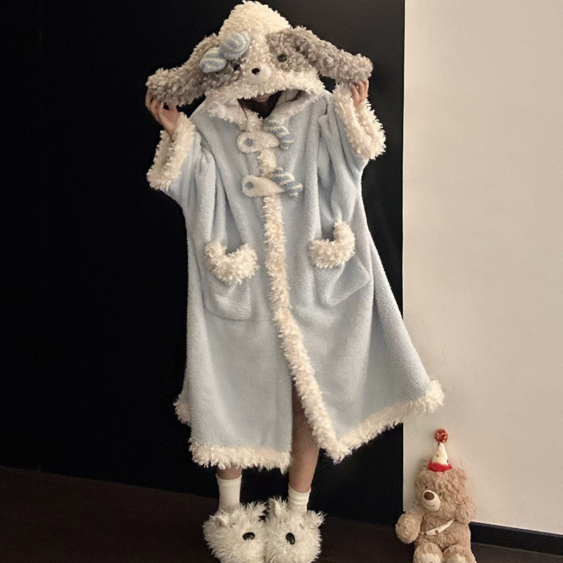 Roupão feminino de lã coral com capuz e estampa de cachorrinho fofo em estilo coreano, nova camisola quente para outono