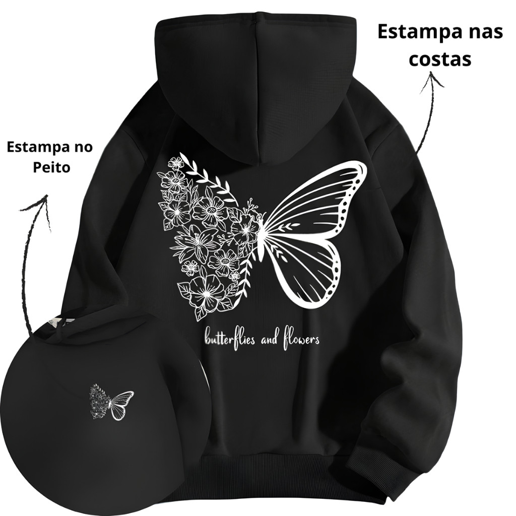Moletom Inverno Canguru Capuz Flanelado Estampa Unissex Look Casual Estilo Urbano Algodão Borboleta Lançamento conforto
