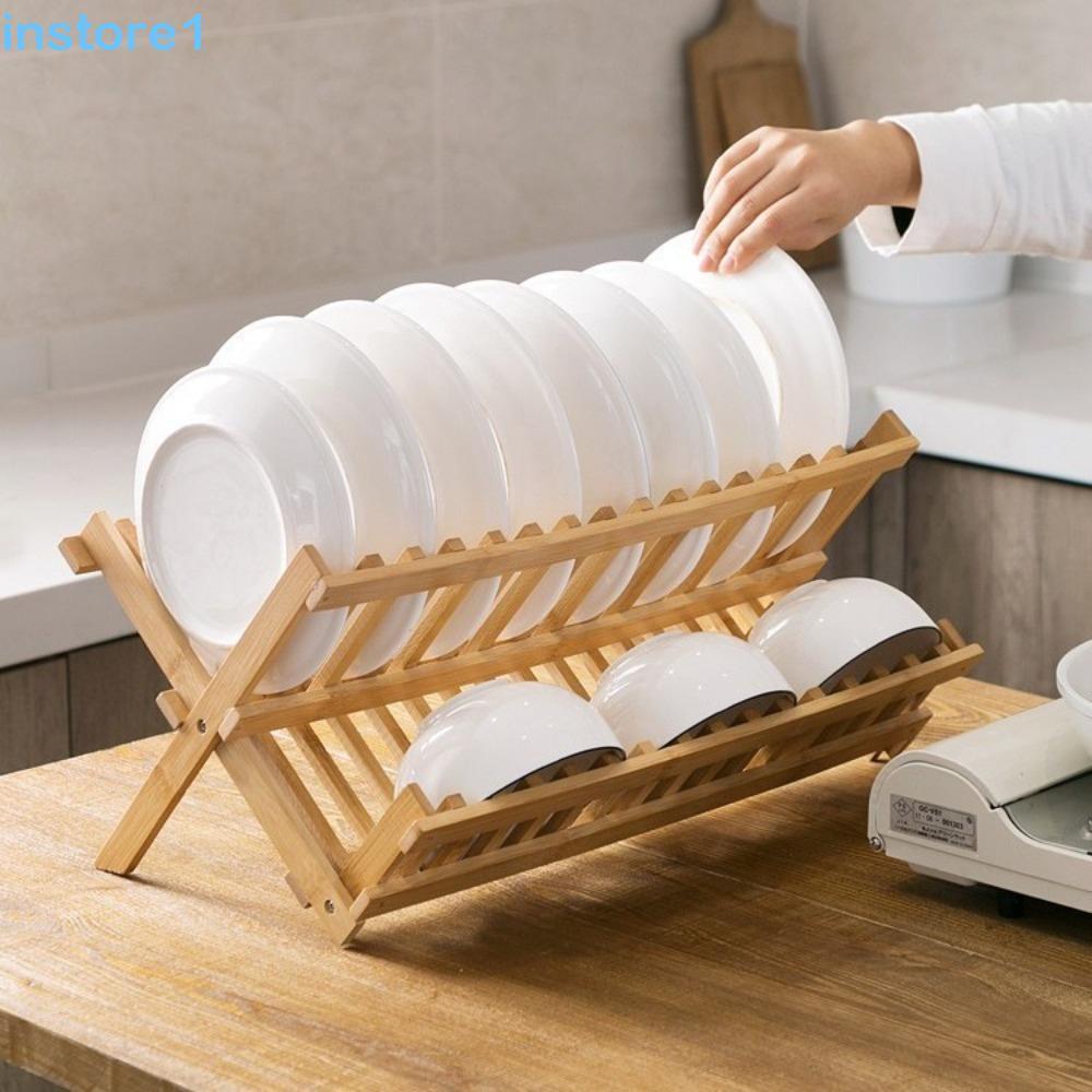 Rack De Prato Dobrável INSTORE , Secagem De Pratos De Bambu De 2 Camadas , Suporte Retrô Natural