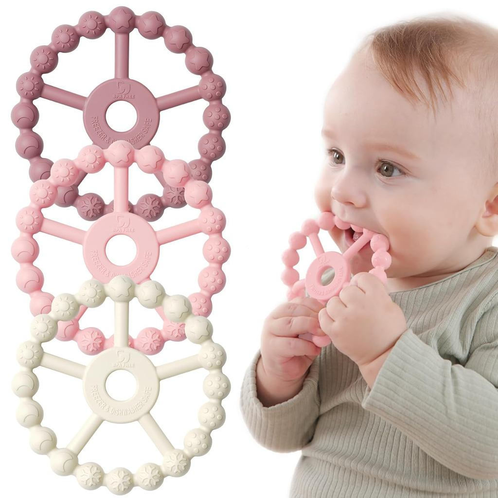 Conjunto de 3 Mordedores em Anel para Bebês, Essenciais para Bebês, Brinquedos de Silicone para Dentição para Bebês de 6