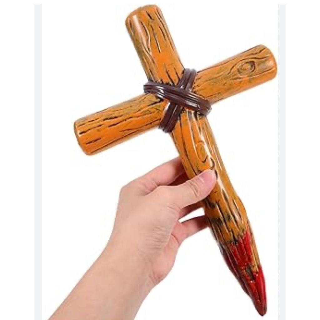 Estaca Cruz Com Sangue De Plástico Caça Vampiro Enfeite Decoração Halloween Terror Dia das Bruxas
