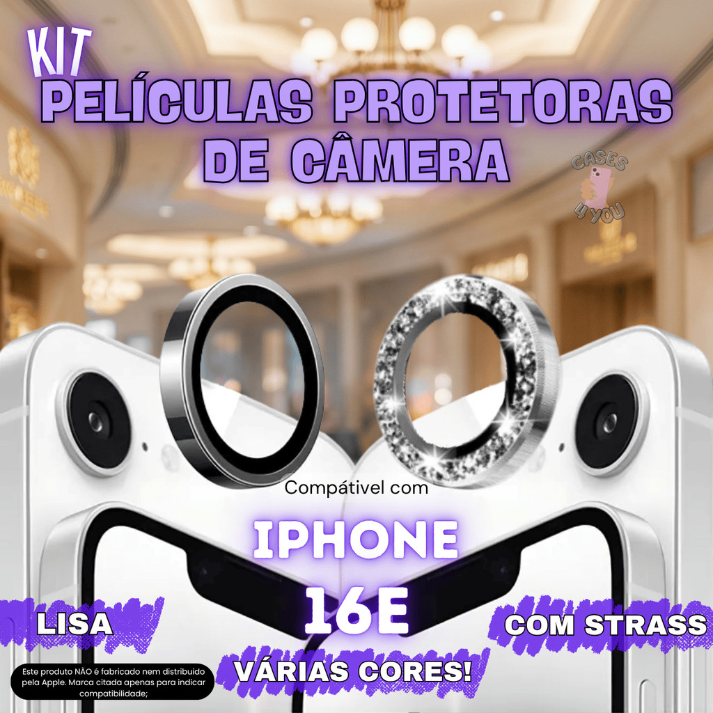 Película Protetora de Câmera Compatível com Iphone 16e Camera Lisa Strass Diamante Brilho 1 peça