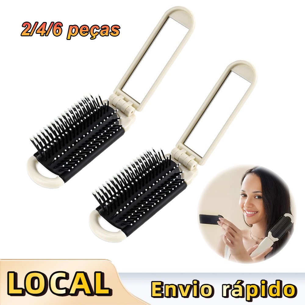 2/4/6 Peças Mini Escova de Cabelo Dobrável com Espelho Bege – Formato Retangular, Leve, Antiestática, para Presente