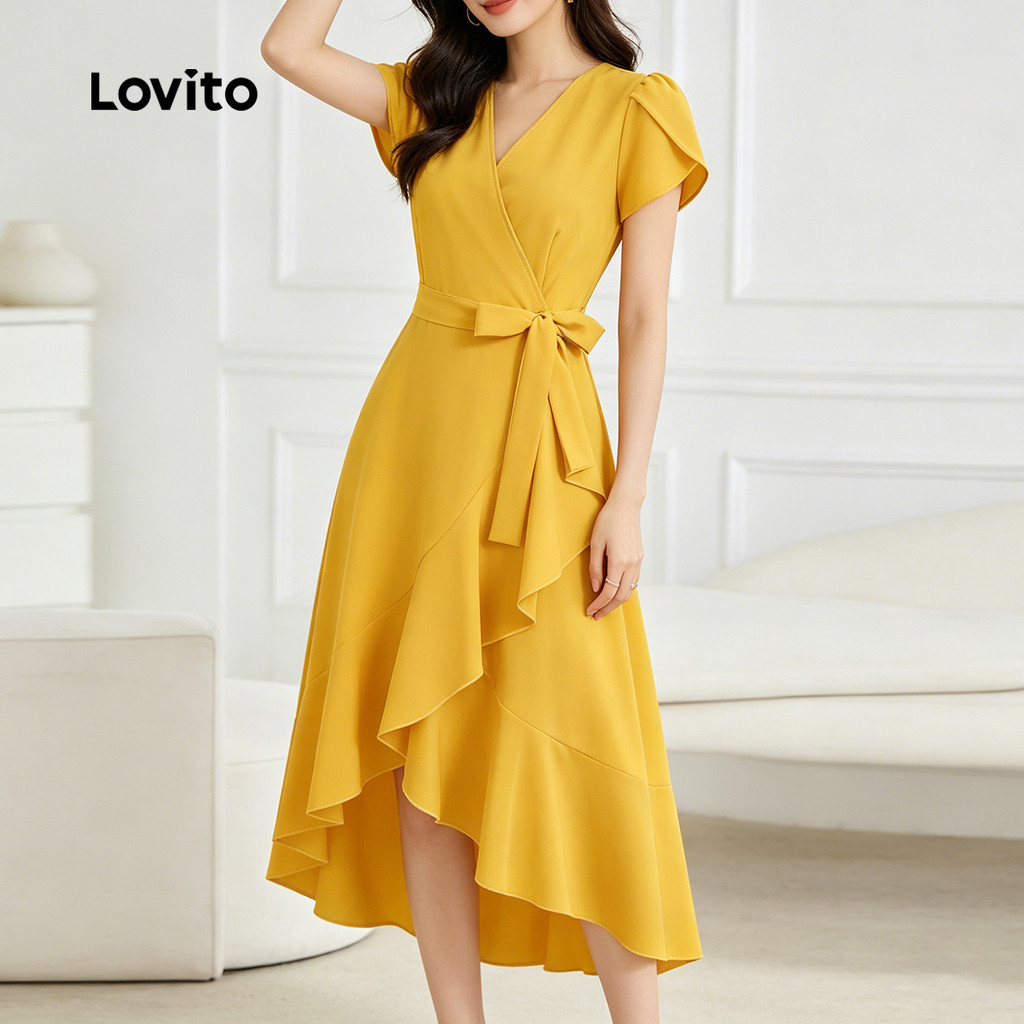 Lovito Casual Vestido com babados primavera/verão vestido amarelo para mulheres 