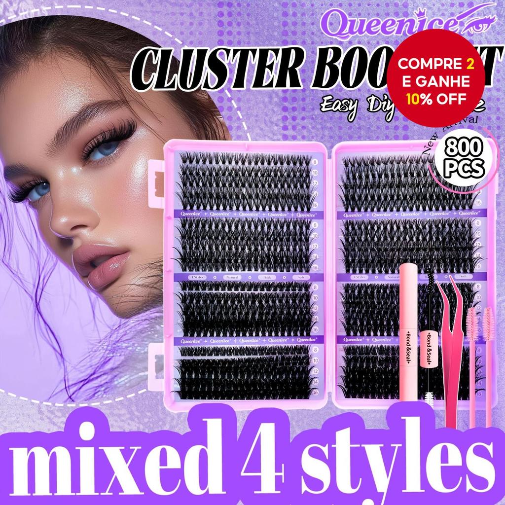  QUEENICE 800pcs Conjunto de Cílios: Aglomerados Multi-Estilo (Fada/Espigado/Manga/Olho de Gato/Curvado Russo), Espessos