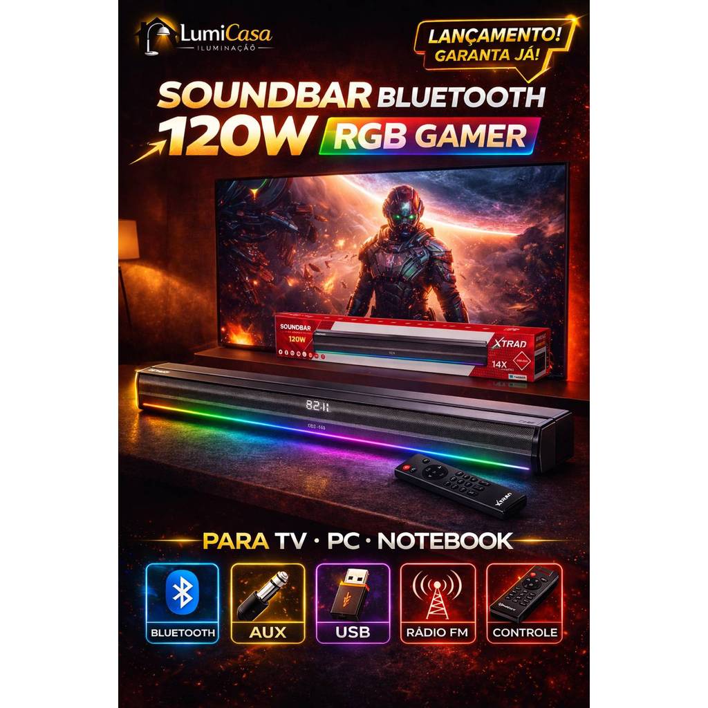 Soundbar Bluetooth 120W RGB XDG-140 para TV PC Gamer com Controle Remoto FM USB AUX