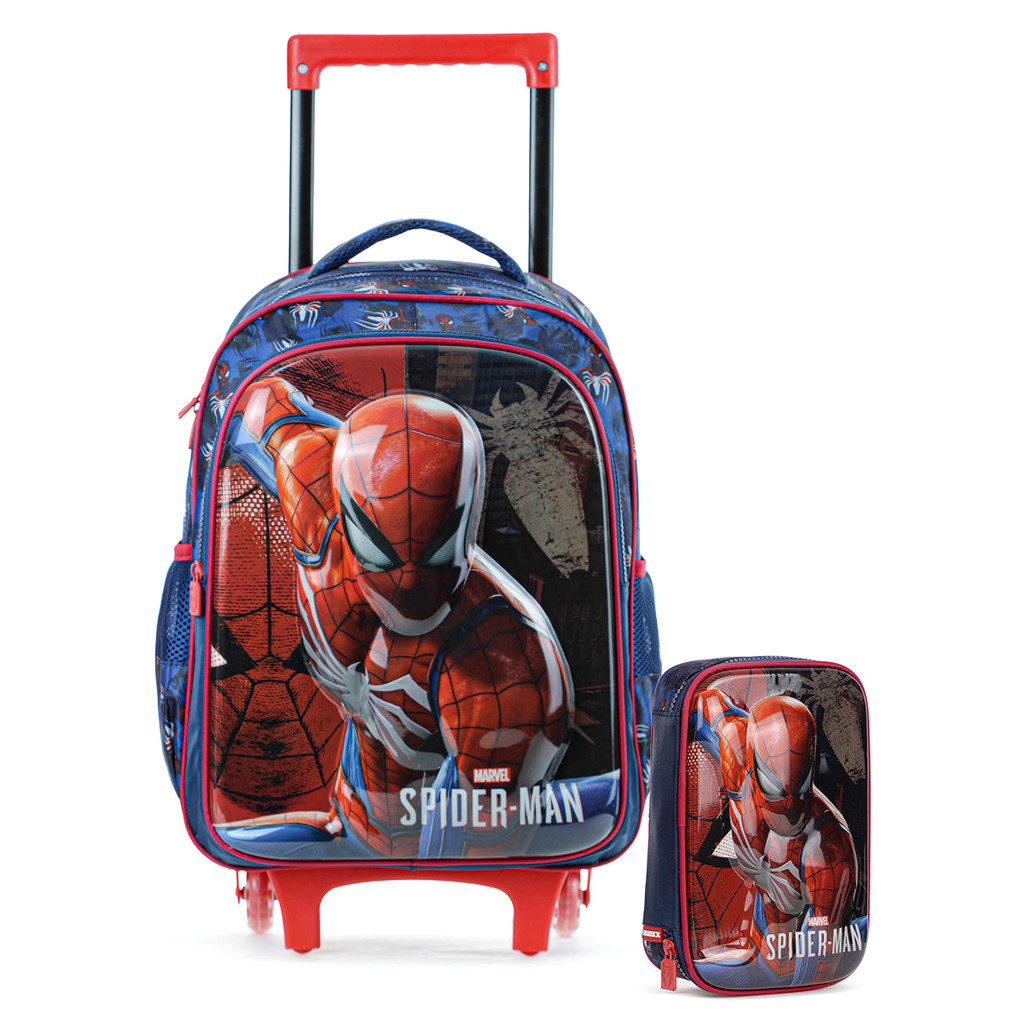 Kit Mochila Com Rodas 16 Spider Man Face Azul - Infantil + Estojo Box Xeryus Spider Man Face Azul infantil