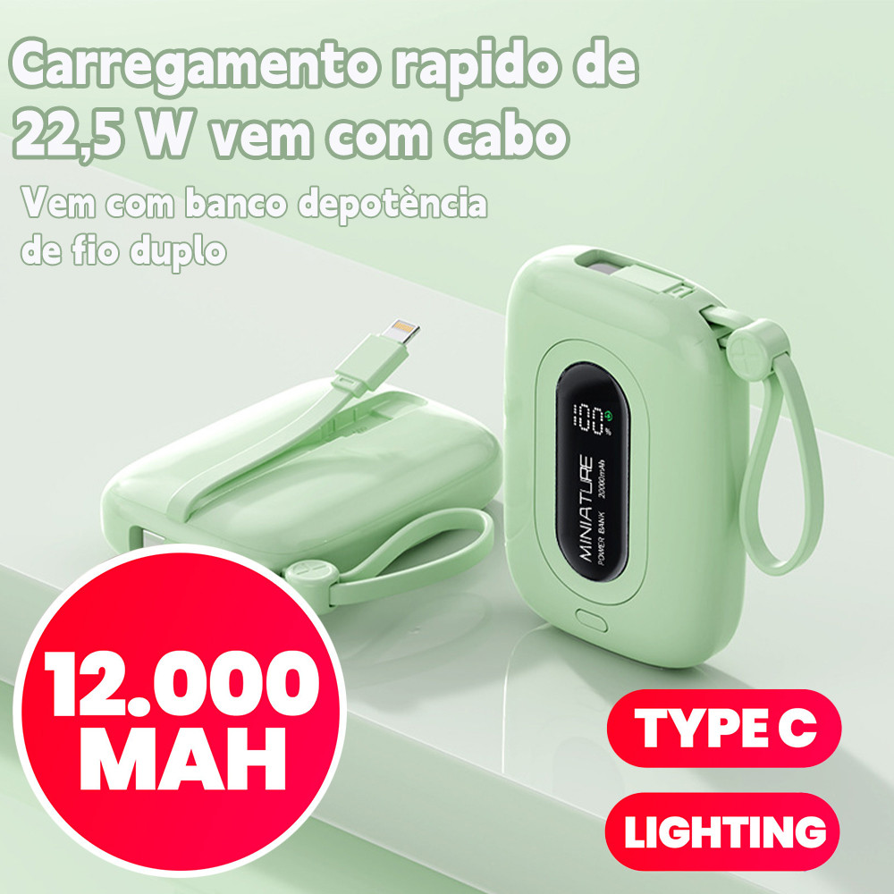 Power bank 12.000 mAh portátil com exibidor numérico, compacto, carrega super rápido e universal‌