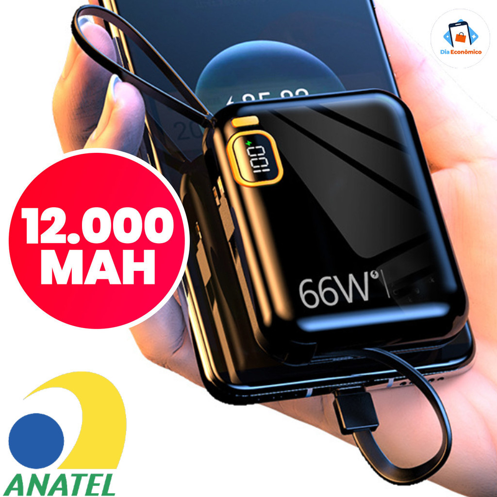 Compacta bateria carregadora rápida 12000mAh com cabo integrado duplo carregamento rápido oferece recarga super rápida